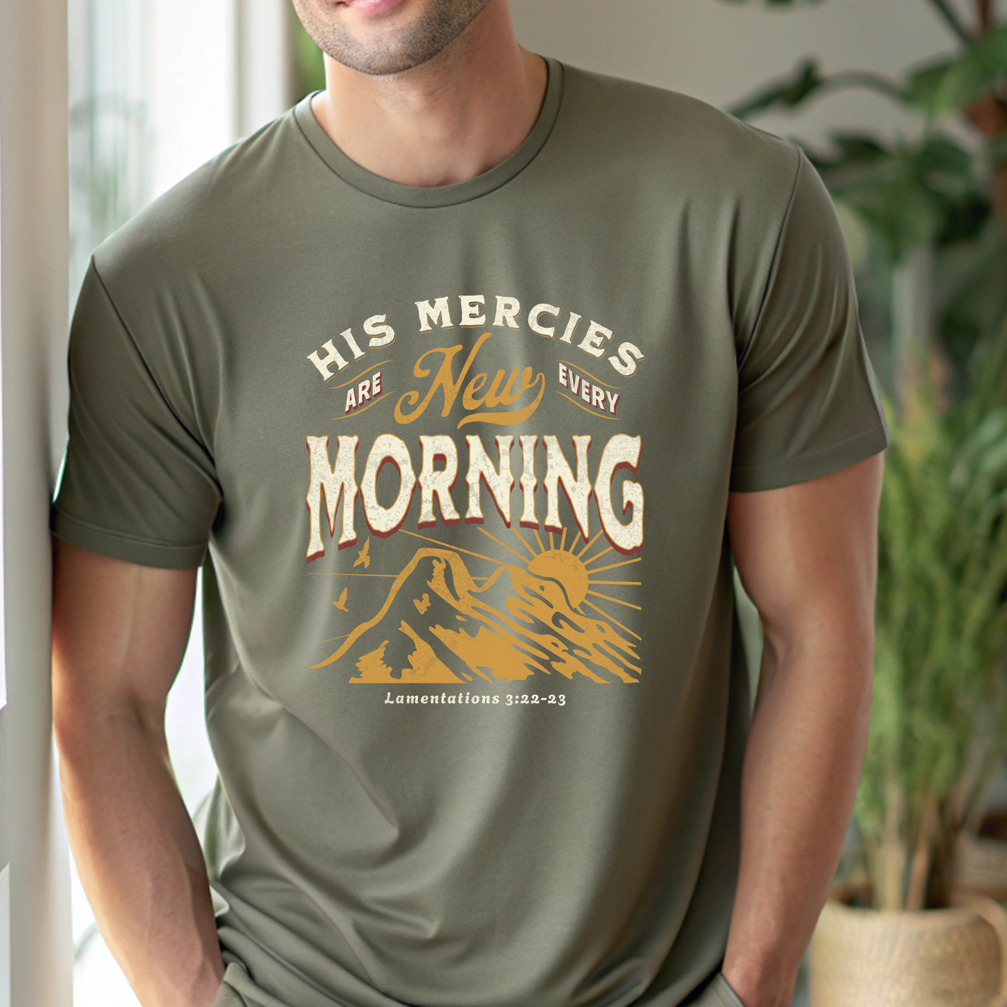 Lamentations 3:22-23 on Military Green Heather Tee