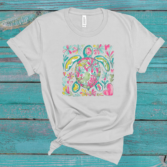 Colorful Sea Turtle on Athletic Heather