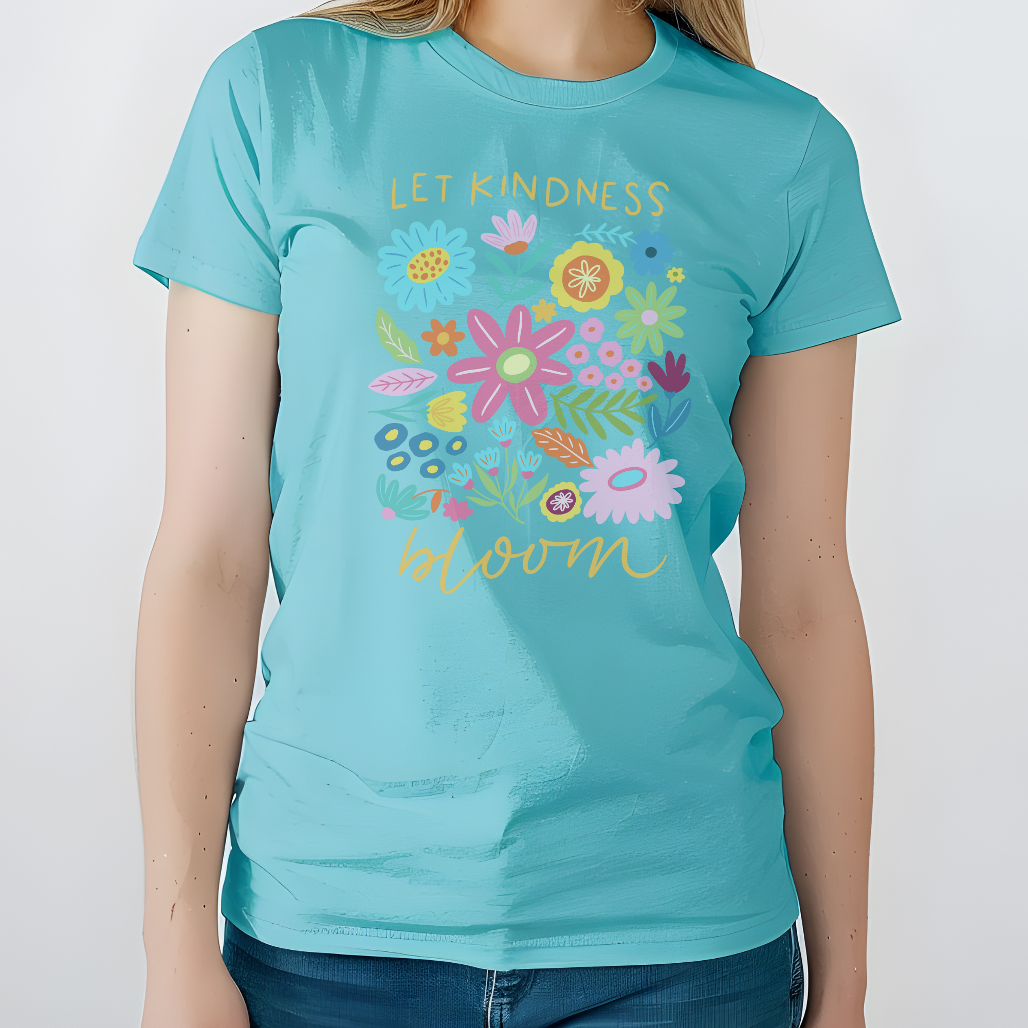 Let Kindness Bloom on Aqua Blue Heather Tee