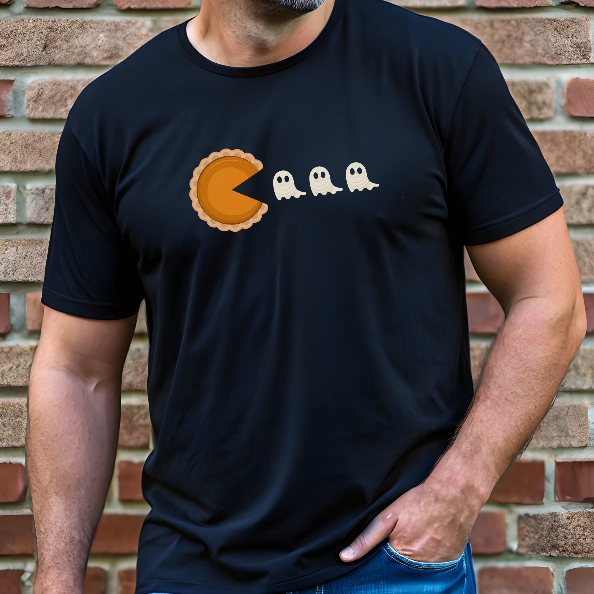 Pumpkin Pie Chomping Ghosts on Black Tee
