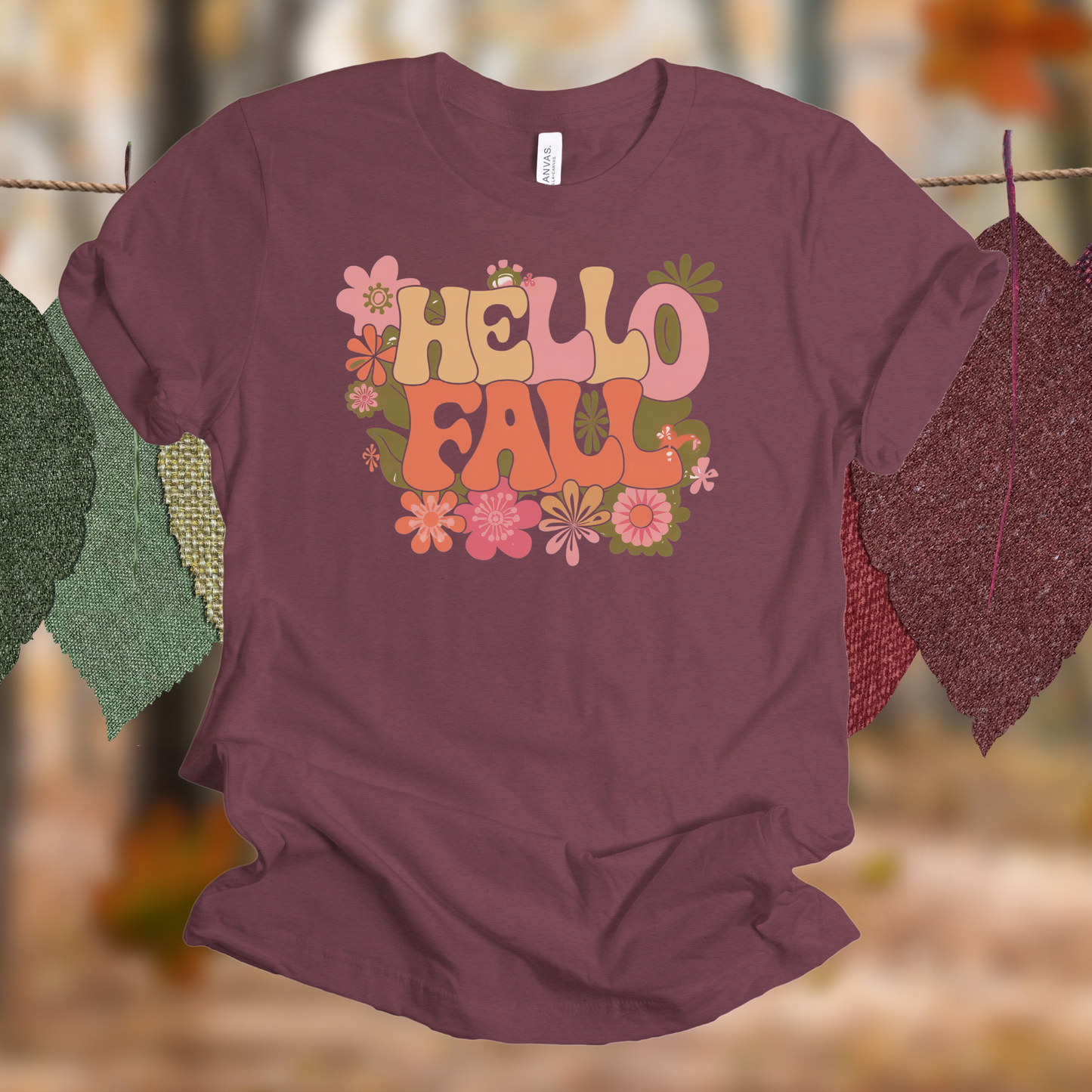 Hello Fall on Maroon Heather Tee