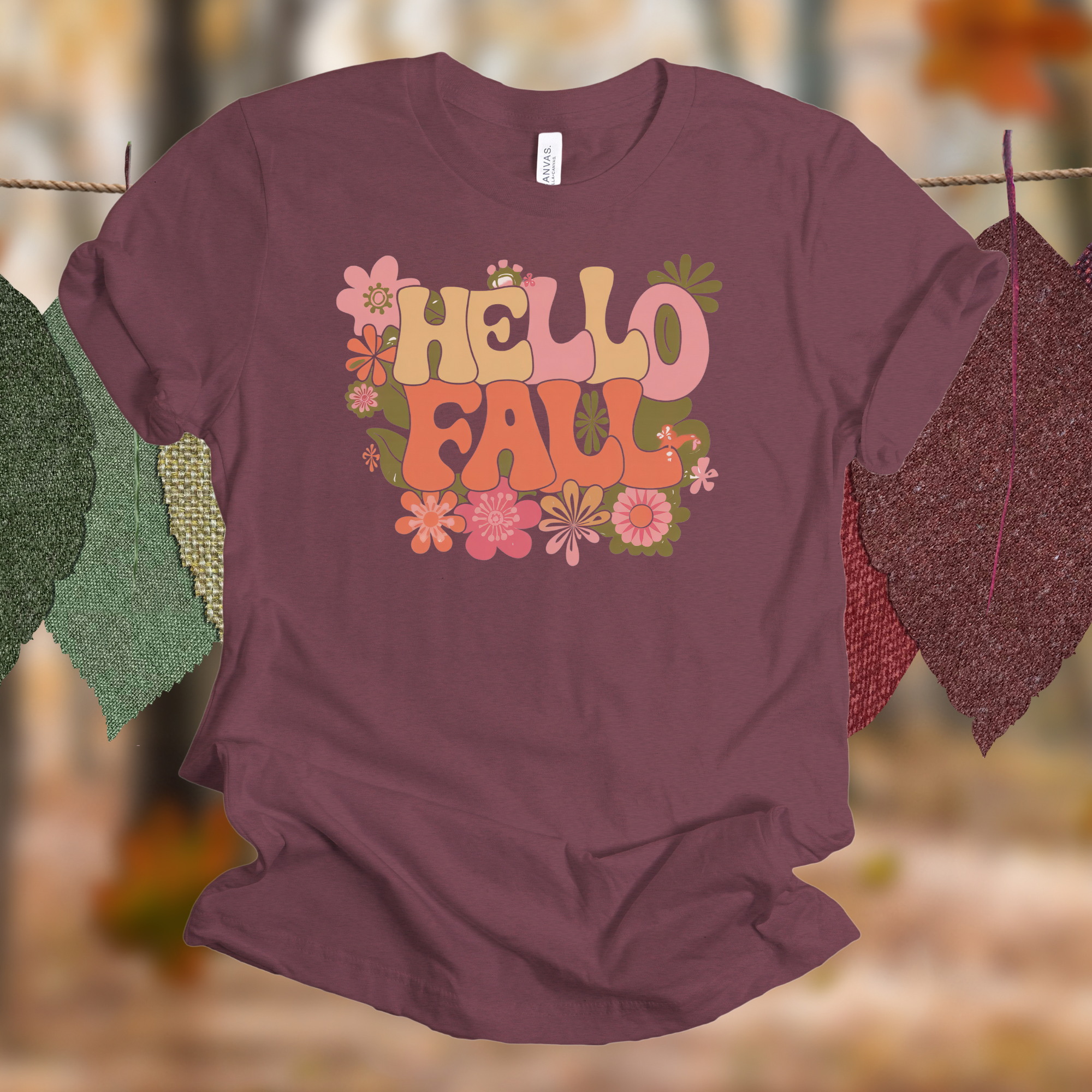 Hello Fall on Maroon Heather Tee