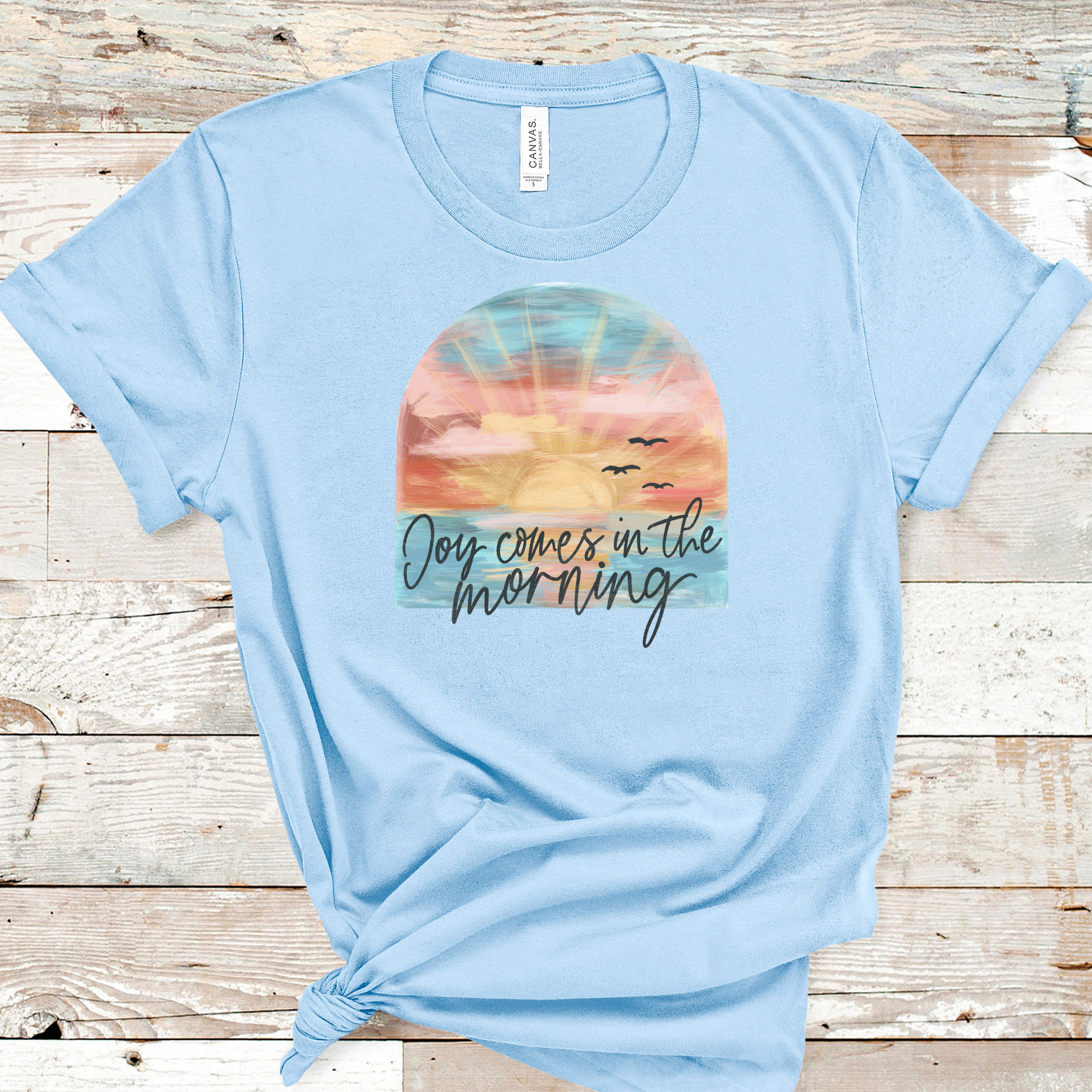 Joy Comes in the Morning on Baby Blue Heather Tee