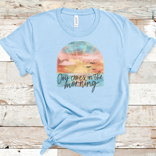 Joy Comes in the Morning on Baby Blue Heather Tee