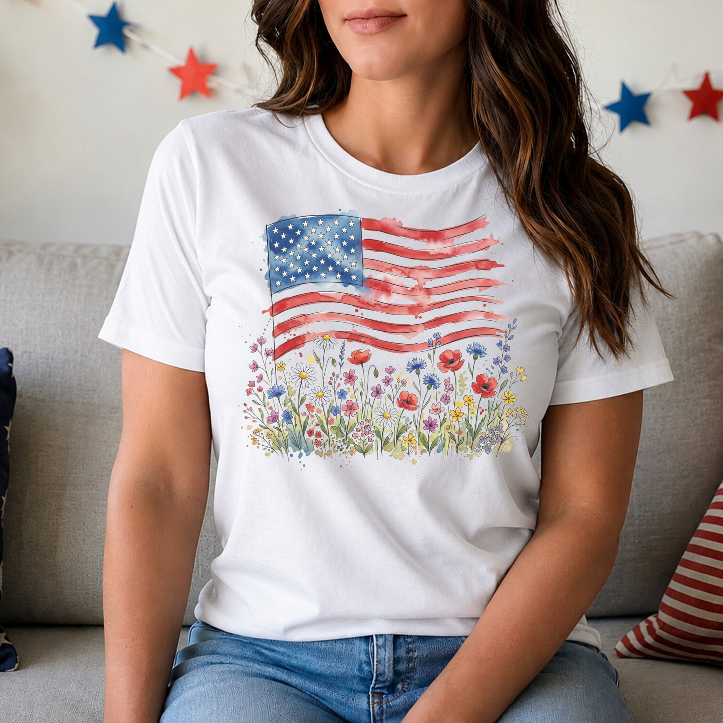 Flag and Flowers on White Tee