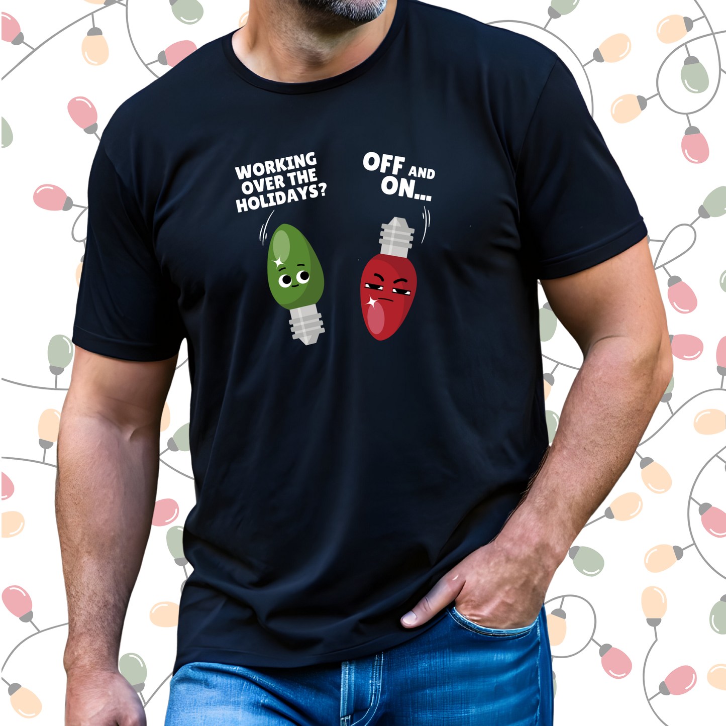 Working Christmas Lights on Black Tee