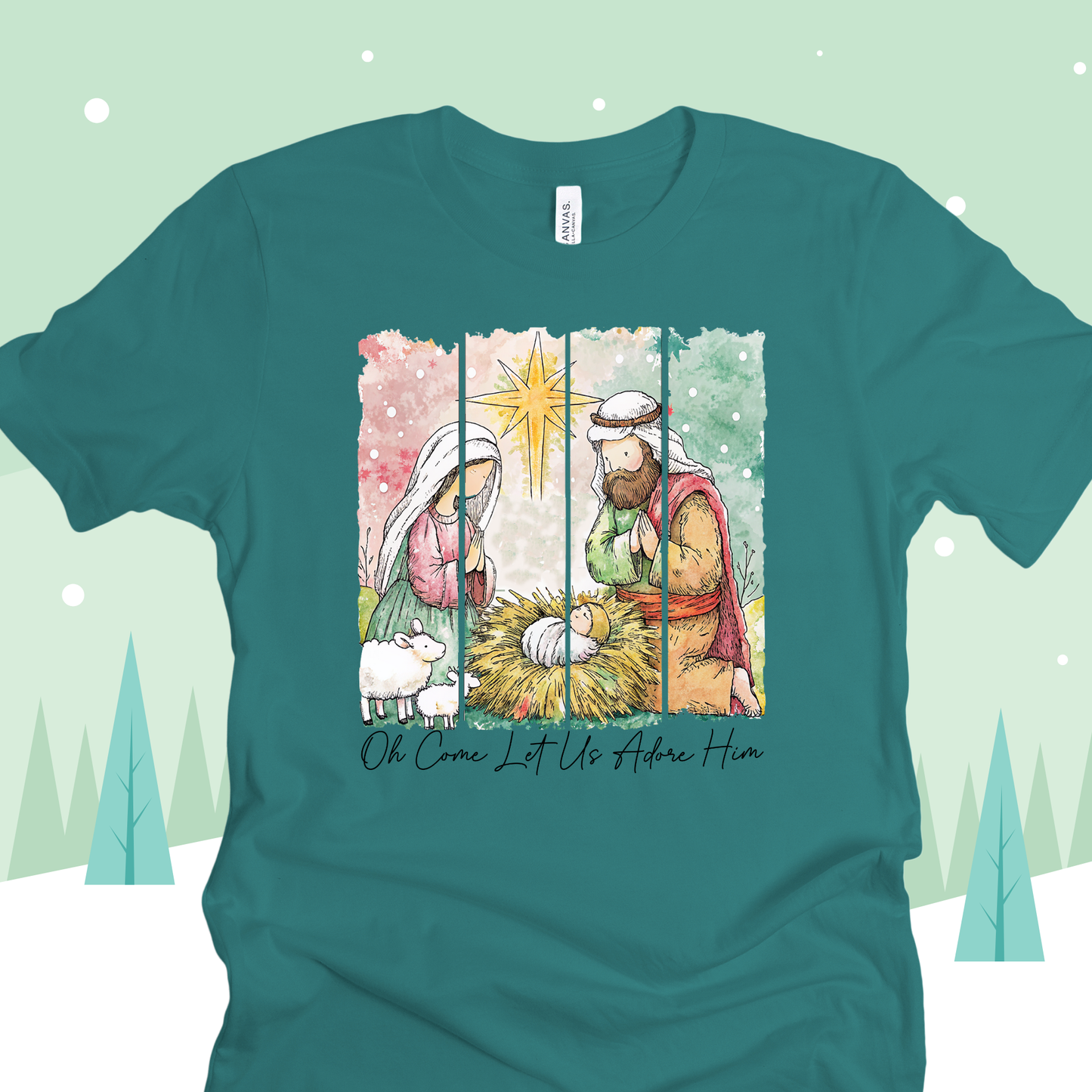 On Come Let us Adore Him on Dusty Blue Tee