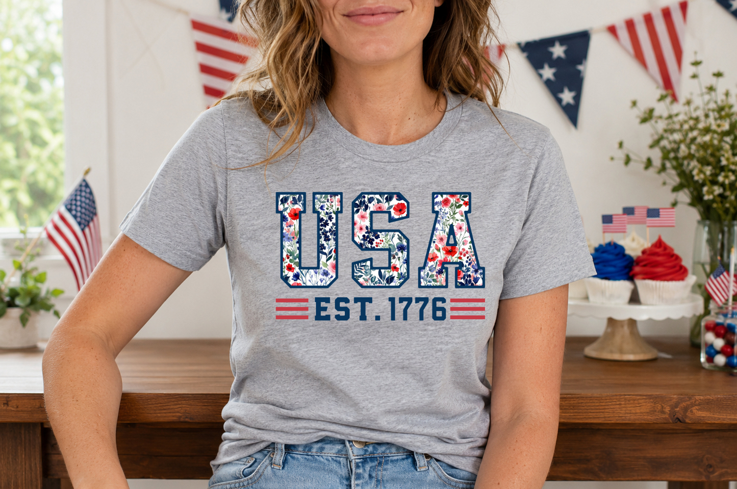 Floral USA on Sport Grey Tee