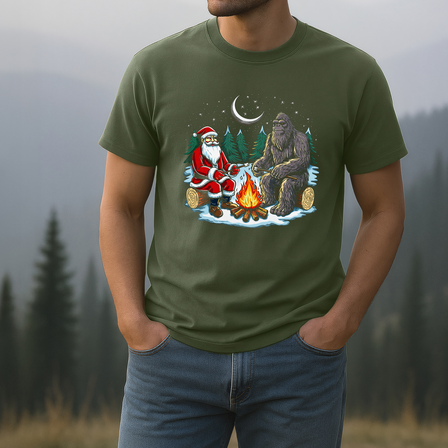 Santa and Sasquatch on Hemp Green Tee